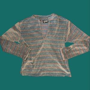 Gap 70s Vintage Women's Velour Multi Color‎ Striped Gray Tunic Top Rare